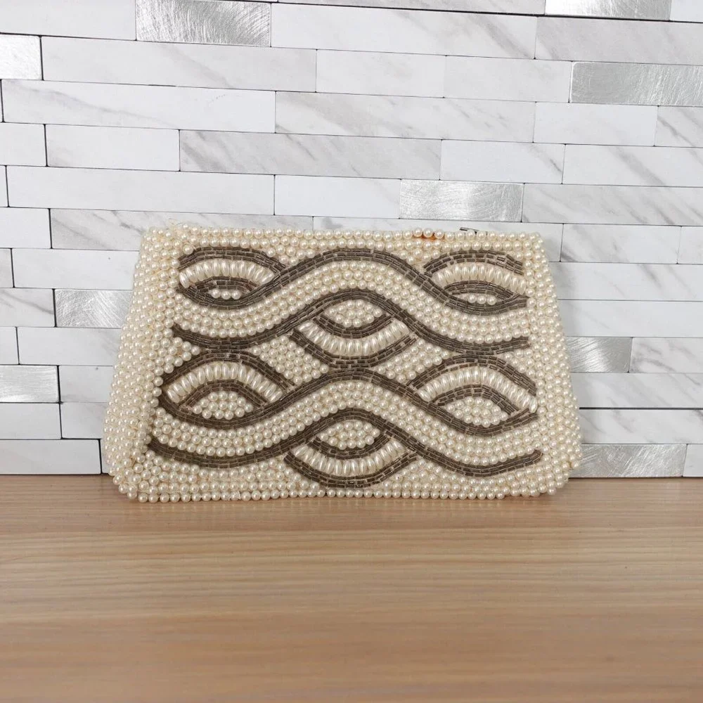 VINTAGE Boho Pearl Beaded Evening Clutch Bag Cream Art Deco Empress 70s Handmade